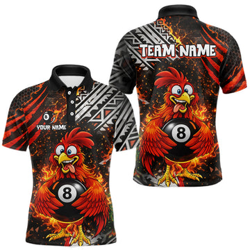 Maxcorners Funny Rooster Plays Pool 8 Ball 3D Billiard Shirt For Men Custom Grunge Flame Billiard Team Attire