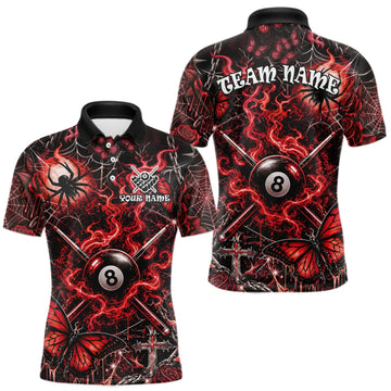Maxcorners Personalized 8 Ball Red Smoke Billiard Team Name Shirt Gothic Spider Butterfly Pool Ball Billiard For Men LM0410