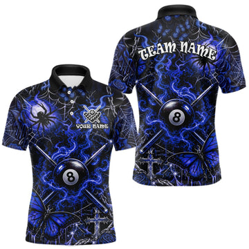 Maxcorners Personalized 8 Ball Blue Smoke Billiard Team Name Shirt Gothic Spider Butterfly Pool Ball Billiard For Men LM0410