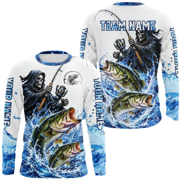 Maxcorners Custom Bass Fishing Jersey Long Sleeve Grim Reaper Largemouth Bass Duo Fishing Shirt Apparel For Men LM0609