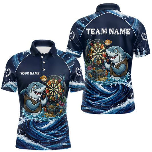Maxcorners Blue Waving Funny Shark Play Darts Polo & 1/4-Zip Shirt For Men Custom Name Dart Jersey For Darters LM0404