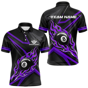 Maxcorners Fire Flame 8 Ball Billiard Team Shirt For Men Custom Black And Purple Pool Billiard Team Jersey LM0208