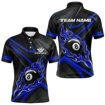 Maxcorners Fire Flame 9 Ball Billiard Team Shirt For Men Custom Black And Blue Pool Billiard Team Jersey LM0208