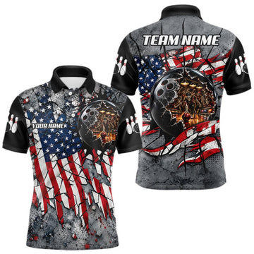 Maxcorners Men's Custom Patriotic Bowling Polo 1/4-Zip Shirt Cracked US Flag And Bowling Ball Tournament Shirts LM0510