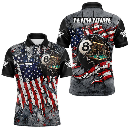 Maxcorners Custom 8 Ball Broken US Flag Billiard Shirt For Men Patriotic Skeleton Pooler Billiards Team Jersey LM0510