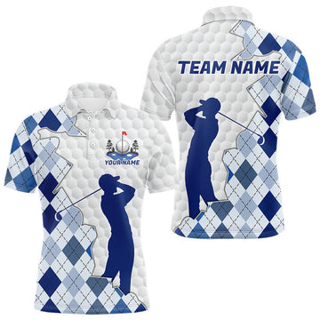 Maxcorners Custom Argyle Pattern Golf Polo Shirts For Men, Blue Argyle Golf Ball White Golf Clothing Shirts LM0404