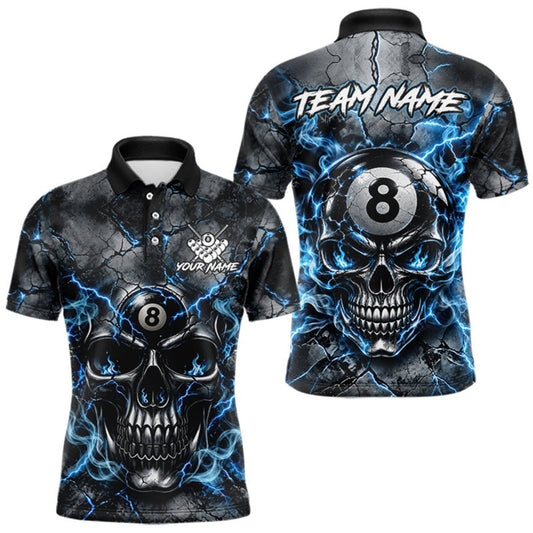 Maxcorners Broken Grunge Skull 8 Ball Pool Billiard Shirt For Men Blue Smokes Billiards 1/4-Zip Polo Jersey LM0510