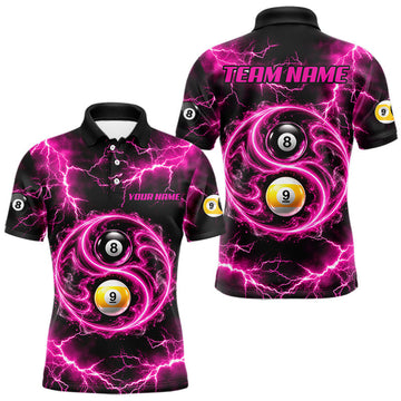 Maxcorners Flame 8 Ball 9 Ball Billiard Polo 1/4-Zip Shirt For Men Pink Thunder Yin-Yang Billiard Team Jersey