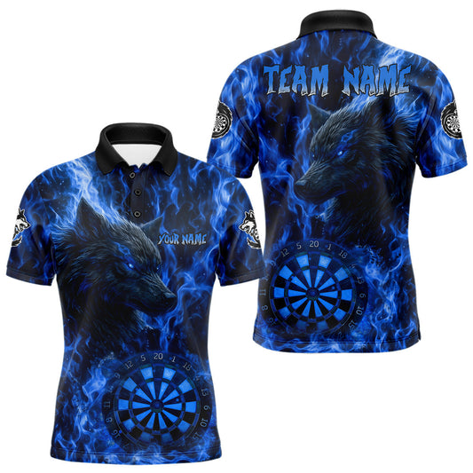 Maxcorners Custom Black Blue Flames Wolf Dartboard Dart Men Polo Shirt Outfits Dart Jerseys LM0404