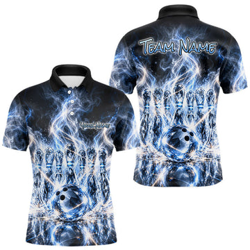 Maxcorners Blue & White Crystal Glass Pins And Ball Bowling Shirt For Men Custom Smokes Bowling Team Jersey