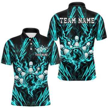 Maxcorners Custom Teal Lightning Bowling Jersey For Men Fire Flame Bowling Polo 1/4-Zip Shirt Bowler Gift