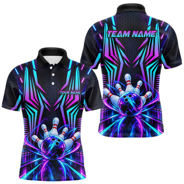 Maxcorners Personalized Neon Cyberpunk Bowling Shirt For Men Blue & Pink Futuristic Bowling Team Apparel