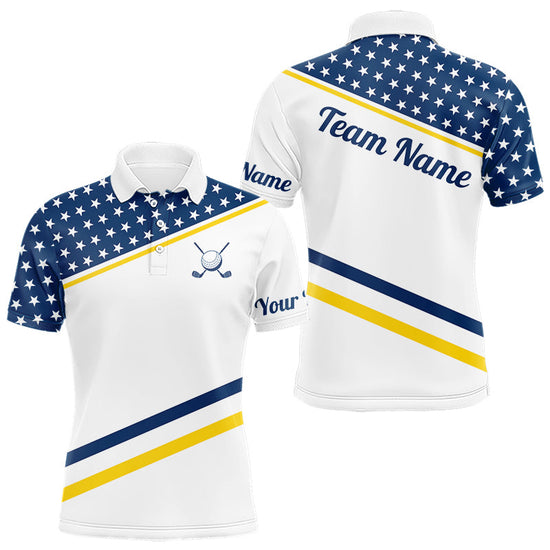 Maxcorners Mens Golf Polo Shirt Custom US Flag Yellow Navy Golf Shirt Patriotic Polo Team Clothing Attire