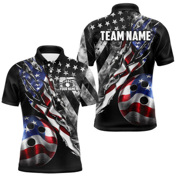 Maxcorners Personalized Smoke US Flag Bowling Polo 1/4-Zip Shirt For Men, Patriotic Bowling Team Uniforms LM1406