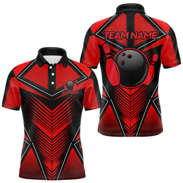 Maxcorners Mens Polo Quarter-Zip Bowling Shirts Custom Black & Red Strikes Bowling Team Jersey, Gift For Bowlers LM1307