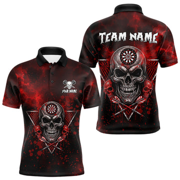 Maxcorners Custom Red Splatter Multi-Skull Men Darts Arrow Polo League Shirts Dart Team Jerseys
