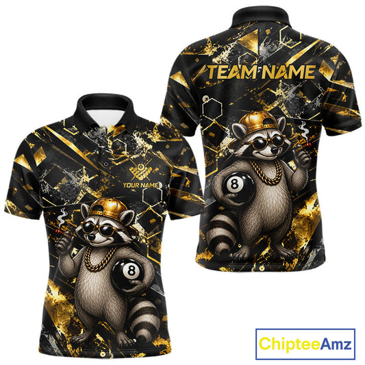 Maxcorners Gold & Black Funny Rich Raccoon 8 Ball Billiard Shirt For Men Custom Polo & 1/4 Zip Pool Team Jersey