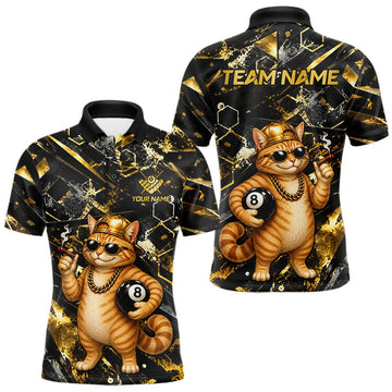 Maxcorners Gold & Black Funny Rich Cat 8 Ball Billiard Shirt For Men Custom Polo & 1/4 Zip Pool Team Jersey