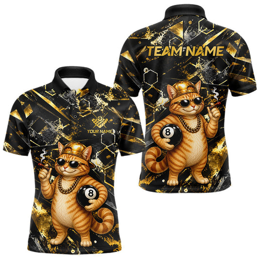 Maxcorners Gold & Black Funny Rich Cat 8 Ball Billiard Shirt For Men Custom Polo & 1/4 Zip Pool Team Jersey