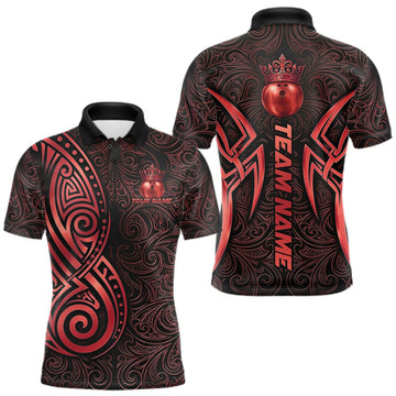Maxcorners Black And Red Crown Bowling Ball Polo & 1/4-Zip Shirts For Women Custom Tribal Bowling Team Jerseys LM2709