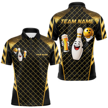 Maxcorners Personalized Funny Beer Bowling Shirt For Women Gold Bowling Pin & Ball Polo 1/4-Zip Team Shirt LM2709