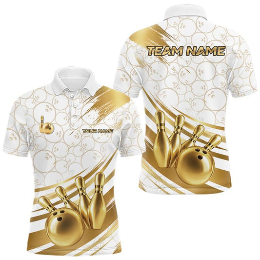Maxcorners White And Gold Splatter Paint Bowling Shirt For Men Custom Polo Quarter-Zip Bowling Team Jersey LM1508