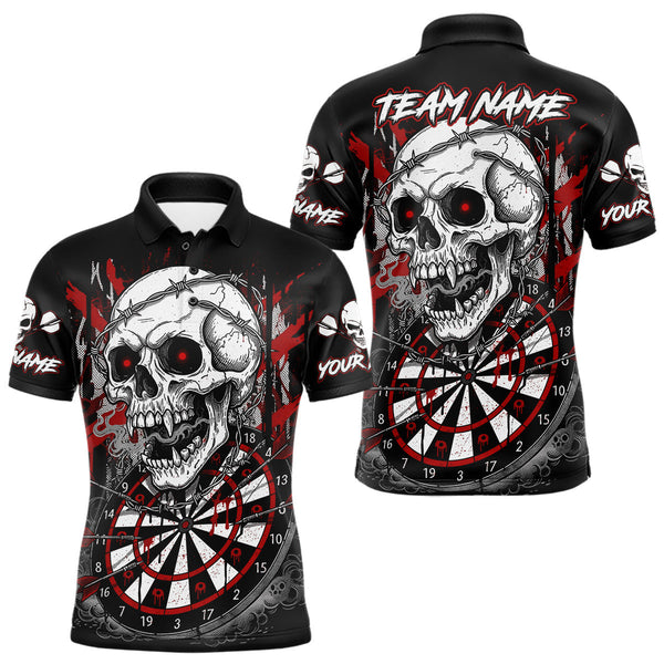 Maxcorners Custom Red Grey Skull Barbed Wire Dartboard Grunge Darts Polo Shirt For Men Dart Gifts MT1511