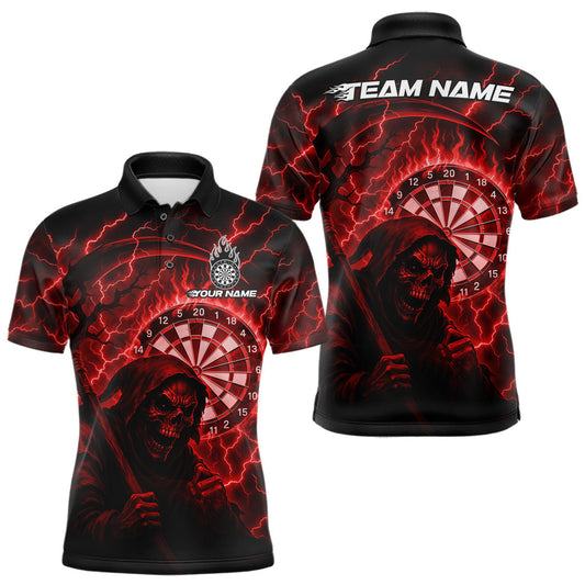 Maxcorners Custom Lightning Red Grim Heaper Men Dart Polo Shirt Flames Dart Tournament Jersey
