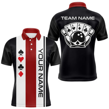 Maxcorners Poker Bowling Polo Quarter-Zip Shirt For Men Custom Black , White & Red Poker Bowling Tournament Jersey
