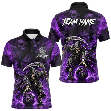 Maxcorners Black And Purple Flame Grim Reaper Custom Skull Mens Bowling Shirt Team Outfit For Bowlers