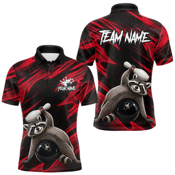 Maxcorners Neon Red Funny Raccoon Bowling Mens Polo Quarter-Zip Shirts, Custom Name Bowling Team Jersey