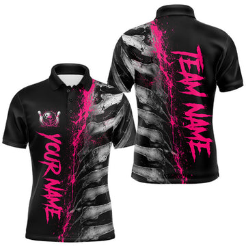 Maxcorners Pink Splatter & Grey Bone Mens Bowling Polo Quarter Zip Shirts Custom Team Bowling Tournament Jerseys LM2607