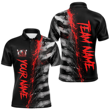 Maxcorners Red Splatter & Grey Bone Mens Bowling Polo Quarter Zip Shirts Custom Team Bowling Tournament Jerseys LM2607