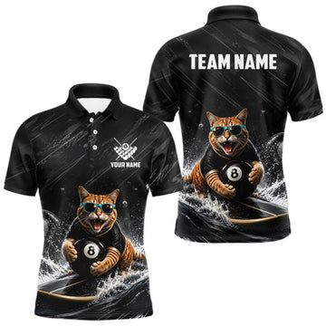 Maxcorners Mens Funny Cat Surfing Billiard Shirt Custom Black Grunge Billiard 8 Ball Pool Team Jerseys LM0409