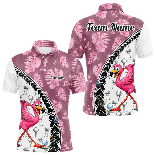 Maxcorners Golfing Flamingo Mens Golf Polo Shirt Custom Pink Pattern Monstera Golf Ball Clothes Shirts LM1903