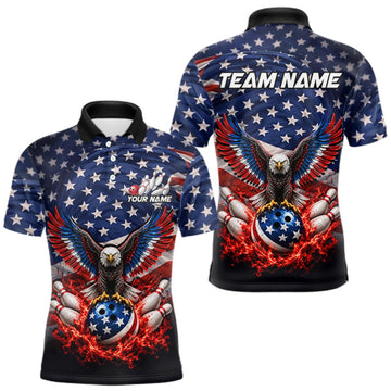 Maxcorners Personalized US Flag Eagle Bowling Polo 1/4-Zip Shirt For Men Custom Name Patriotic Bowling Team Jersey LM2709