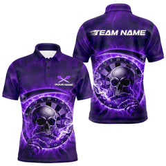Maxcorners Smoking Purple Flames Skull Darts Custom Men Polo Dart Jerseys Thunder Dart League Shirt