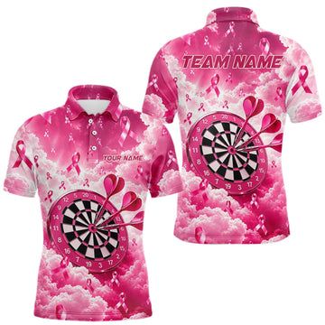 Maxcorners Pink Clouds Ribbon Darts Polo Quarter-Zip Shirt For Men Custom Breast Cancer Darts Tournament Shirt LM2709