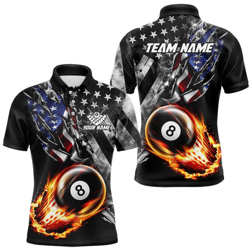 Maxcorners Custom 8 Ball Fire Pool Polo 1/4-Zip Shirt For Men Patriotic American Flag Pool Billiard Team Jersey