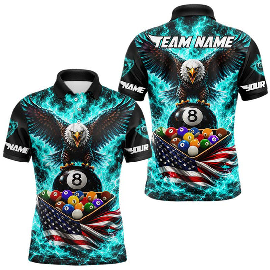 Maxcorners Teal Fire Flame Eagle US Flag Pool Ball 3D Billiard Shirt For Men Personalized 8 Ball Billiard Attire
