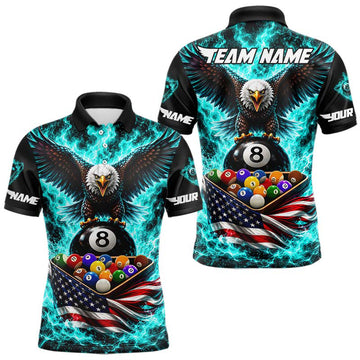 Maxcorners Teal Fire Flame Eagle US Flag Pool Ball 3D Billiard Shirt For Men Personalized 8 Ball Billiard Attire
