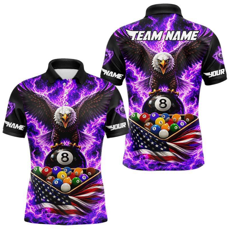 Maxcorners Purple Fire Flame Eagle US Flag Pool Ball 3D Billiard Shirt For Men Personalized 8 Ball Billiard Attire