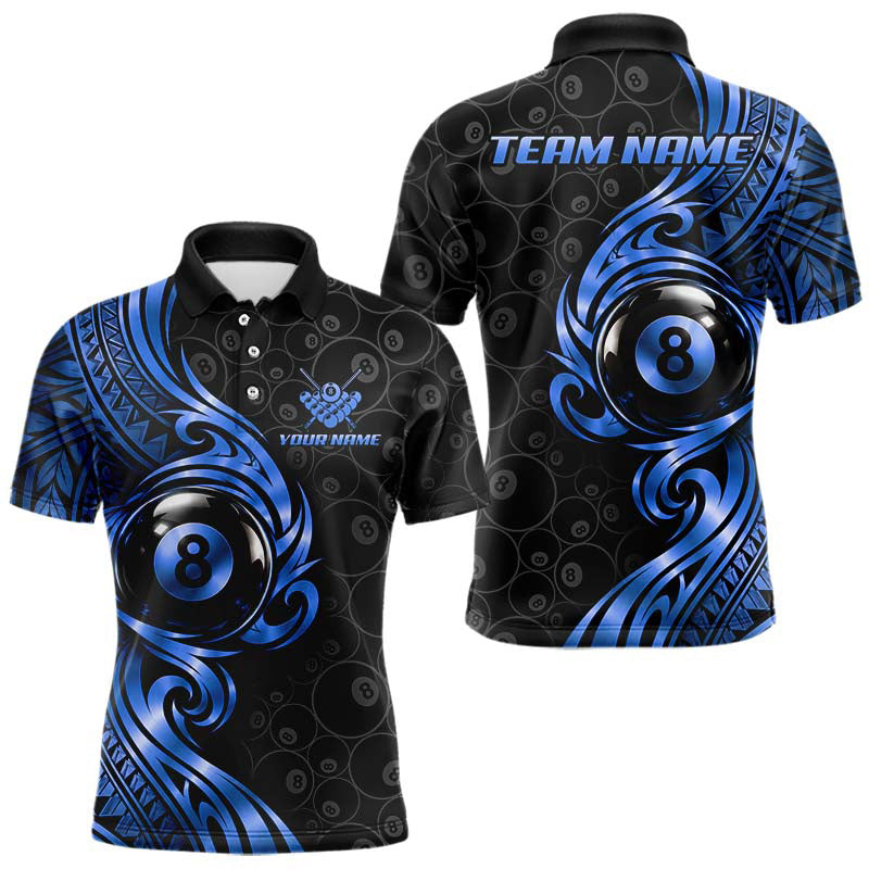 Maxcorners Custom Blue Tribal Swirl 8 Ball Pool Polo Shirt For Men Personalized Billiards Jersey Billiard Gift
