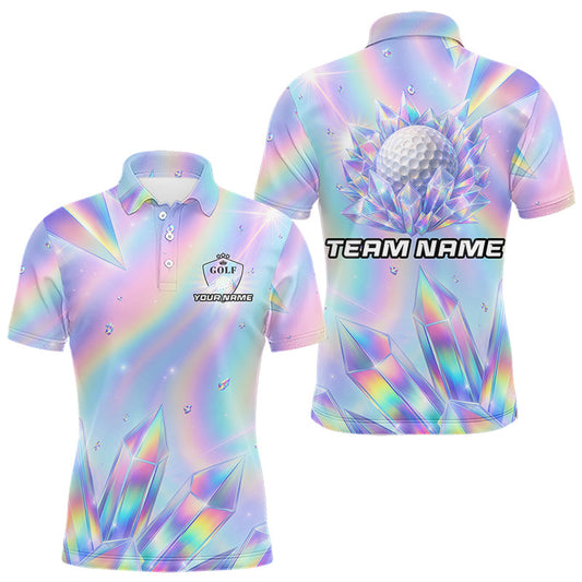 Maxcorners Mens Golf Polo Shirt Custom Holographic Diamond Crystal Golf Ball Custom Name Golf Shirts For Team