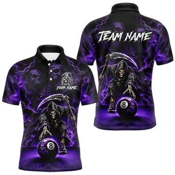 Maxcorners Grim Reaper Billiard Shirt For Men Purple Smoke 8 Ball Pool Jersey Custom Name Skull Billiard Shirt LM0409