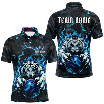 Maxcorners Black & Blue Flame Tiger Bowling Ball Shirt For Men Custom Polo 1/4-Zip Funny Bowling Team Jersey LM2806