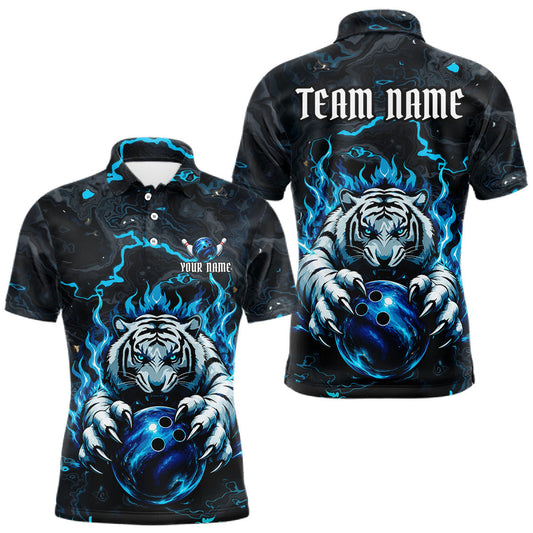 Maxcorners Black & Blue Flame Tiger Bowling Ball Shirt For Men Custom Polo 1/4-Zip Funny Bowling Team Jersey