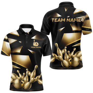 Maxcorners Black And Gold Bowling Ball & Pins Shirt For Men Custom Broken Bowling Team League Jersey LM0409