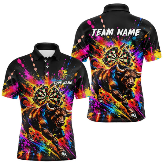 Maxcorners Custom Bull Dart Polo 1/4-Zip Shirt For Men Colorful Splatter Cracked Dartboard Dart Team Tournament LM2709