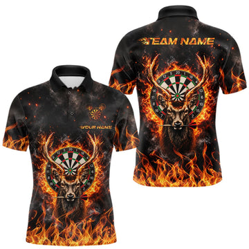 Maxcorners Orange Flaming Deer Dart Polo 1/4-Zip Shirt For Men Personalized Fire Flame Deer Darts Team Tournament LM2709